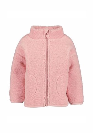 Soft pink fleece jacket with full front zipper, high collar, long sleeves, and two rounded front pockets.