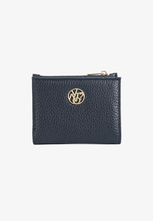 Portafoglio in pelle blu navy con finitura testurizzata, accentatura in oro con logo e chiusura con zip. Forma rettangolare compatta, design minimalista.