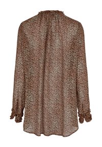 Blouse transparente à manches longues avec un motif léopard, dotée d'un col volé et de poignets élastiques. La palette de couleurs comprend des bruns et des beiges.