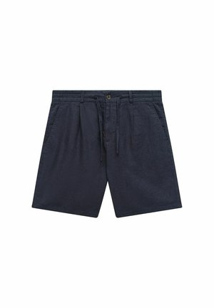 Marineblå linned-shorts med snoretræk, for- og baglommer samt enkelt knaplukning. Glat tekstur og knælangt design.