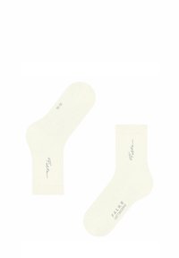 Calzini alla caviglia in misto cotone bianchi con lettering blu. Presentano una texture morbida, tallone e punta rinforzati e un design leggermente curvo.