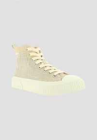 Beige High-Top-Sneaker aus strukturiertem Stoff mit weißen Schnürsenkeln und einer dicken, geriffelten Sohle. Mit einer Schlaufe an der Ferse für einfaches Anziehen.