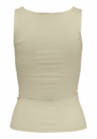 Top senza maniche beige realizzato in tessuto elasticizzato. Texture liscia con un design aderente e scollatura rotonda, caratterizzato da un retro semplice.