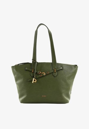 Green textured leather tote bag with double handles, gold-tone hardware, decorative strap, and small logo on front center.