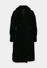 Schwarzer Mantel aus strukturiertem, flauschigem Stoff mit langen Ärmeln, einem Reverskragen und einem gebundenen Taillengürtel.