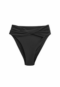 Zwarte hoge taille bikini onderkant met een gewikkeld ontwerp bij de taille, gemaakt van soepel, rekbaar fabric voor een comfortabele pasvorm.