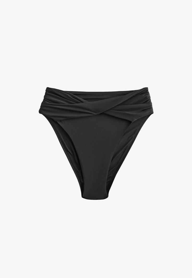 Juoda aukšto liemens bikini kelnaitės su apvyniojimo dizainu juosmens srityje, pagamintos iš lygaus, elastingo audinio, užtikrinančio patogų prigludimą.