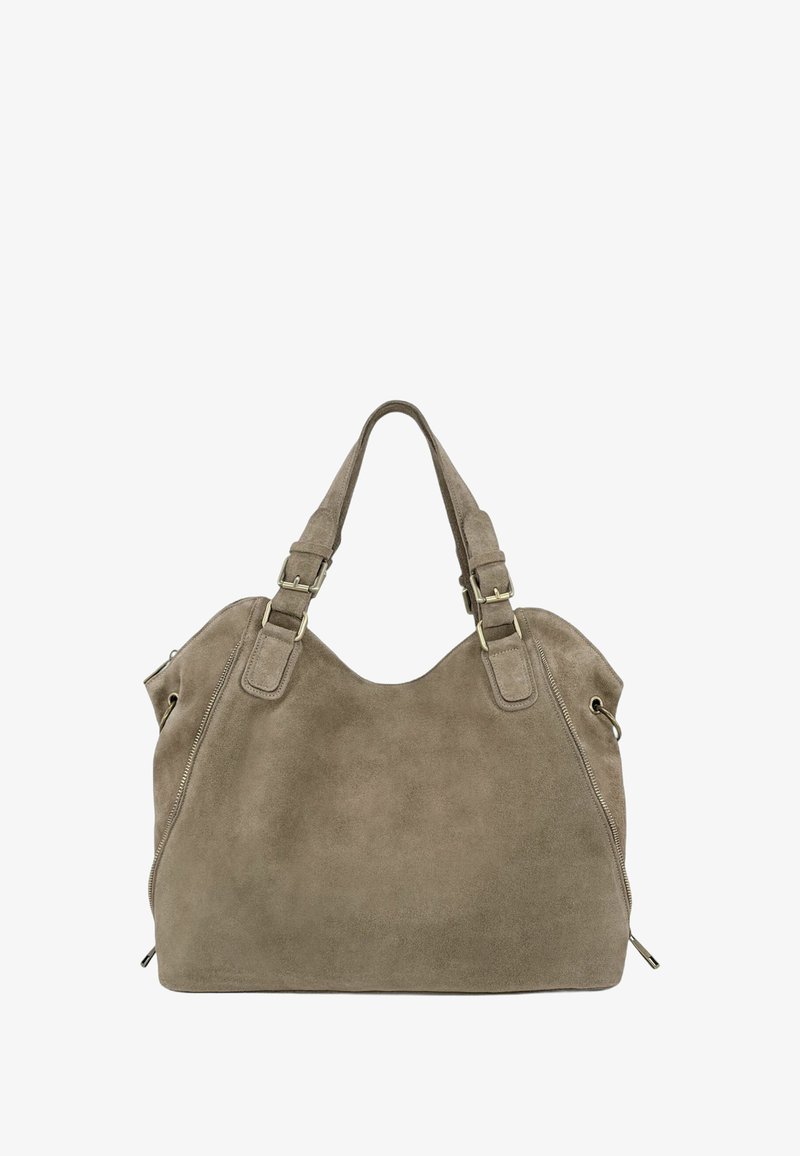 Sac cabas en daim beige avec doubles anses d'épaule, détails à fermeture éclair et forme souple, doté d'accents métalliques et d'une texture douce.