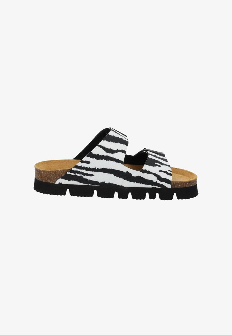 Open-toe sandal with two zebra-print straps, cork footbed, and thick black ridged sole, shown in side profile.