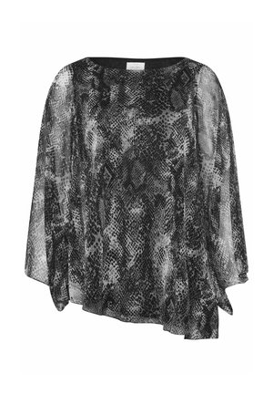 Sort og grå gennemsigtig bluse med et slangeskindsprint, bred bådhalsudskæring og svævende, asymmetrisk ærmer. Letvægtsstof.