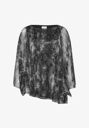 Schwarze und graue durchsichtige Bluse mit Schlangendruckmuster, weitem Bootsausschnitt und fließenden, asymmetrischen Ärmeln. Leichtes Material.