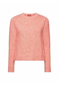 Vaaleanpunainen neulottu villapaita, jossa on pitkät hihat ja pyöreä pääntie. Kangas on pehmeä ja teksturoitu, rento istuvuus ja resorit helmassa.