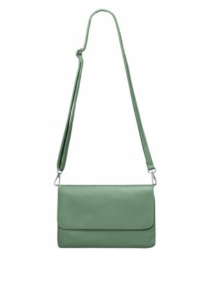 Green leather crossbody bag with a textured finish, featuring a flap closure and adjustable strap. Silver hardware accents enhance the design.