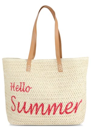 Woven straw tote bag with tan leather straps; features red embroidered text "Hello Summer." Square shape, open top, lightweight design.