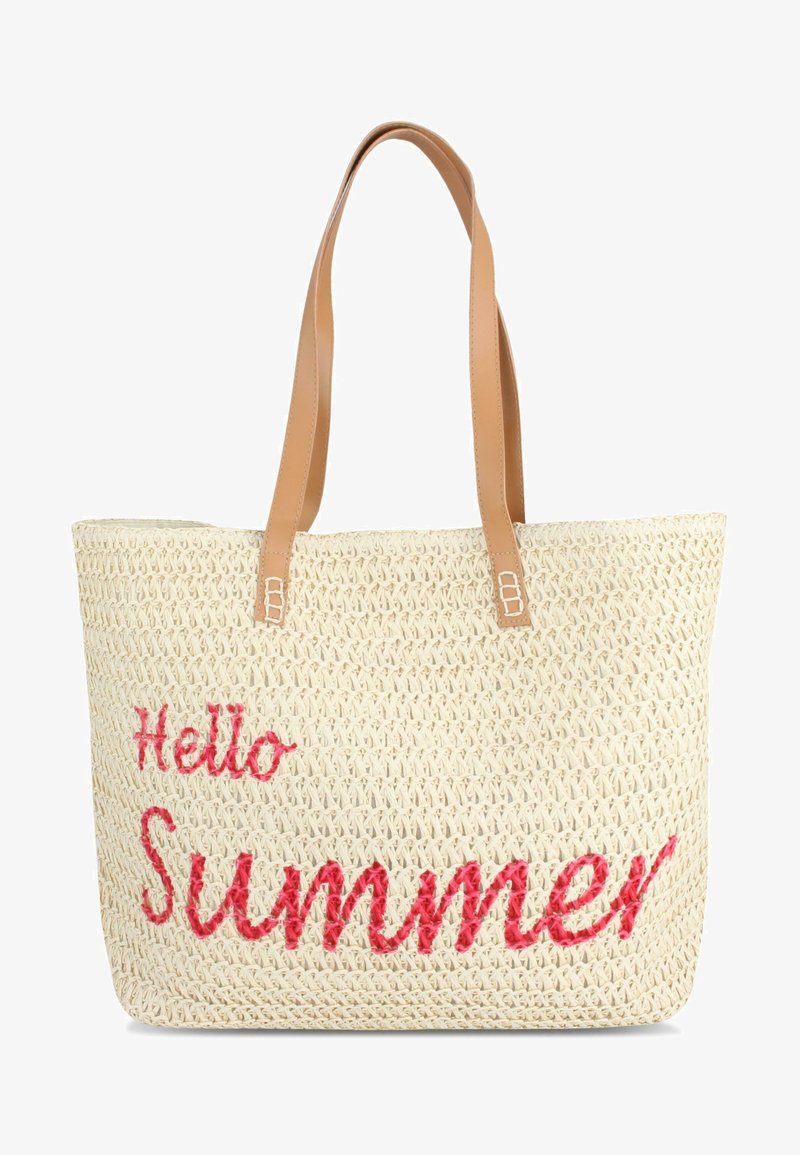 Geflochtene Strohtasche mit hellbraunen Lederträgern; mit rot gesticktem Text "Hallo Sommer". Quadratische Form, offenes Oberteil, leichtes Design.