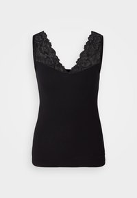 Débardeur noir avec un bord en dentelle le long du décolleté en V. Tissu doux avec une coupe ajustée, sans manches et ourlet sans coutures.