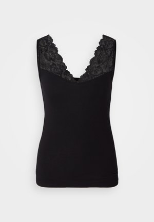 Zwarte tanktop met een kanten rand langs de V-halslijn. Zacht materiaal met een fitted pasvorm, zonder mouwen en naadloze zoom.