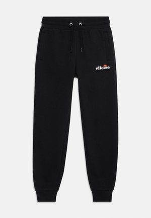 Calças de jogging pretas com cintura elástica e cordão, bolsos laterais, punhos canelados e pequeno logótipo branco e laranja da ellesse na parte frontal da coxa direita.