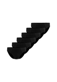 Slips in cotone nero, mostrano sei paia con elastici in vita, bordi senza cuciture e design minimalista, disposti in fila.