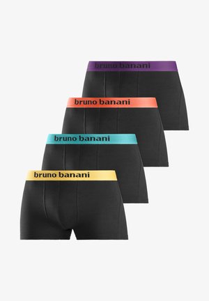 Zestaw czterech czarnych bokserek z kolorowymi elastycznymi pasami: fioletowym, pomarańczowym, turkusowym i żółtym, z logo "bruno banani".