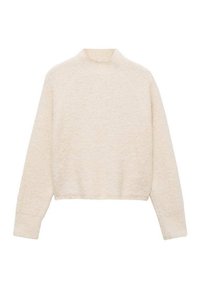 Maglione color crema con collo alto, maniche lunghe e tessuto strutturato. Lunghezza cropped con orlo e polsini a costine.