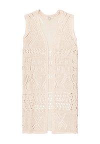 Beige gehäkelte Strickweste mit offener Vorderseite, ärmellosem Design und Mustern aus Rauten und Löchern für mehr Textur.