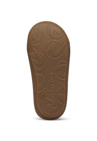 Sole in gomma marrone con superficie texturizzata, caratterizzata da motivi a logo circolare e un bordo liscio. Indicazione della taglia "20" visibile vicino al fondo.