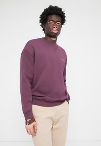 Purple sweatshirt with crew neckline and ribbed cuffs. Worn with beige pants, features a logo on the chest and a soft, brushed texture.