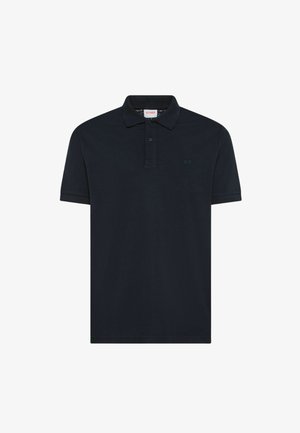 Polo blu navy a maniche corte con collo, patta con due bottoni e logo ricamato discreto sul petto sinistro.