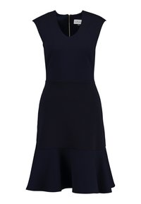Marinblå klänning med åtsittande övre del, utsvängd nederdel och korta ärmar. Har en central dragkedja bak och ett strukturerat mönster vid midjan.