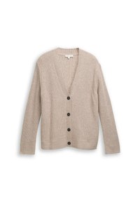 Gilet beige en tricot avec col en V, manches longues et texture côtelée. Comprend six boutons noirs le long de l'avant et des poignets et un ourlet côtelés.