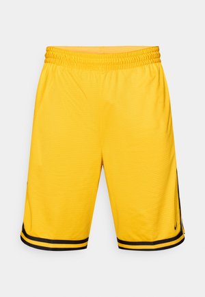 Gule basketball shorts lavet af mesh-materiale, med sorte sidelister og en elastisk talje med snøring for justerbar pasform.