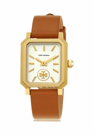 Rechthoekig horloge in goudkleur met een witte wijzerplaat, gouden markeringen en een bruine leren band, met het Tory Burch-logo en merknaam.