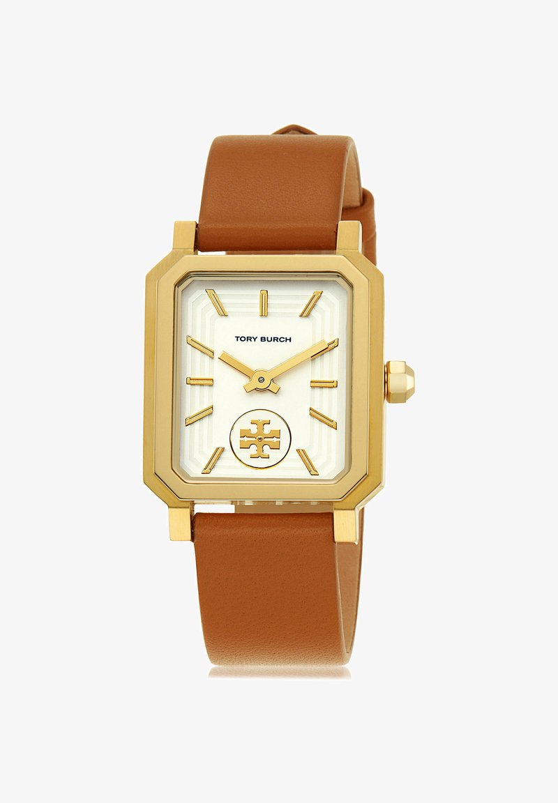 Orologio rettangolare color oro con quadrante bianco, indici dorati e cinturino in pelle marrone, con logo e nome del brand Tory Burch.