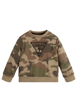 Camouflage-Sweatshirt in erdigen Grüntönen und Braun, mit Rundhalsausschnitt, gerippten Bündchen und einem schwarzen Logo-Patch auf der Brust.