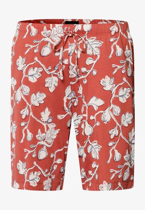 Červené kraťasy vyrobené z bavlny s elastickým pasem na šňůrku, zdobené bílým botanickým vzorem s listy a poupaty na látce.