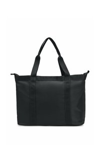 Sac fourre-tout noir en matériau durable, avec deux poignées robustes, une fermeture zippée et une texture lisse et mate. Design rectangulaire simple.