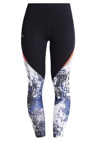 Svarta höga leggings med orange diagonala ränder och blå-vita abstrakta mönster på underbenen, med en liten logotyp på vänster lår.