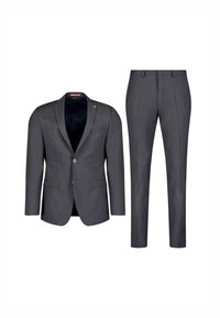 Grijze pakken set met een enkele-knopen blazer met notch-kleppen en vlakke broek. Strakke pasvorm met een gladde textuur.