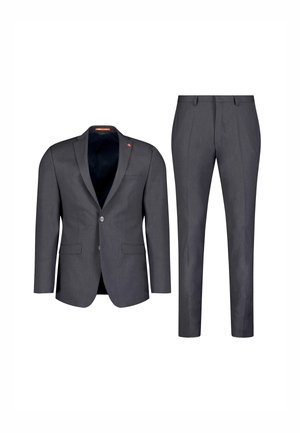 Grauer Anzug mit einem Ein-Knopf-Blazer mit Revers und geraden Hosen. Maßgeschneiderte Passform mit glatter Textur.