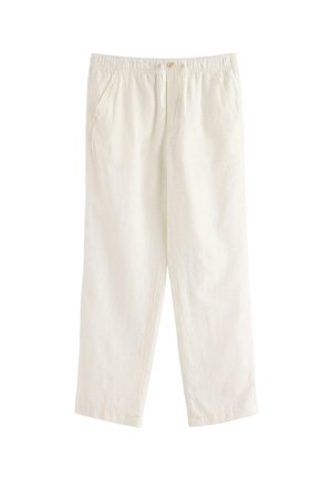 Hvide bukser med afslappet pasform, elastik i taljen, forreste knap og sidelommer, vist på en ensfarvet hvid baggrund.