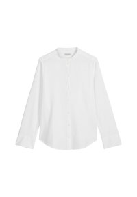 Biała koszula wykonana z lekkiego materiału, z okrągłym kołnierzykiem, zapinana na guziki, z długimi rękawami i subtelną prążkowaną teksturą.