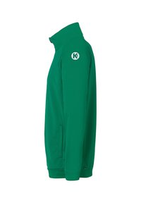 Grøn zip-up jakke med høje krave, lavet af glat stof, med sidelommer og et logo på venstre skulder.