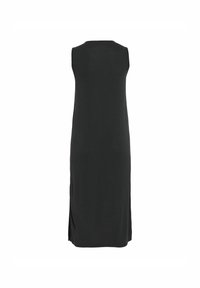 Abito nero senza maniche con scollatura rotonda, vestibilità rilassata, spacchi laterali e texture liscia. Realizzato in un tessuto morbido e traspirante.