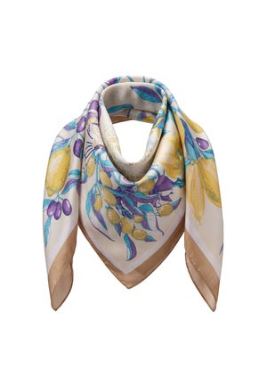 Selyemsál bézs szegéllyel, színes mintával citromokról, olívabogyókról és levelekről sárga, lila és kék árnyalatokban.