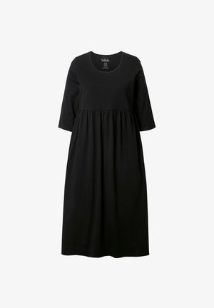 Robe en coton noire avec un col rond, des manches trois-quarts et une taille froncée. Texture lisse et coupe jusqu'au genou.