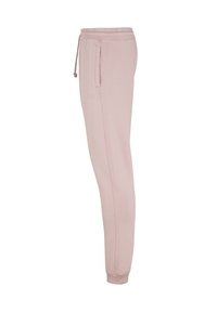 Pantaloni joggers in felpa rosa con cintura elastica, lacci, tasche laterali e polsini a coste. Presentano un logo discreto sulla coscia.
