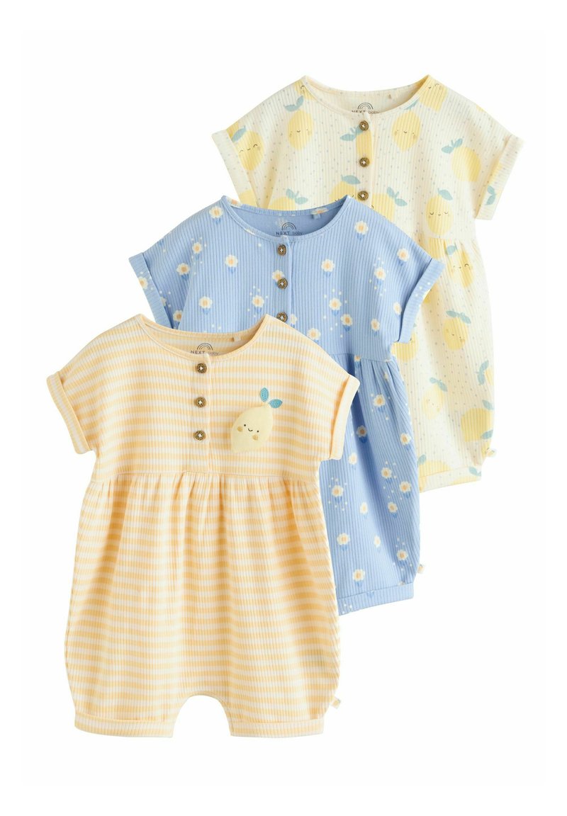 Tre tutine per bambini in giallo e blu con maniche corte. Presentano righe, pois e motivi di frutta; bottoni decorativi inclusi.