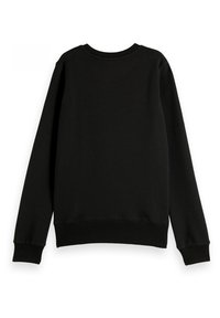 Sudadera negra de manga larga con cuello redondo, con puños y dobladillo acanalados, mostrada por la parte posterior sobre un fondo blanco.