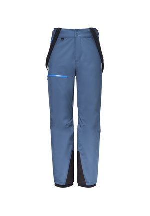 Blaue wasserdichte Hose mit schwarzen Akzenten, verstellbaren Trägern und einer seitlichen Reißverschlusstasche. Glatte Textur, gerade Beinform.